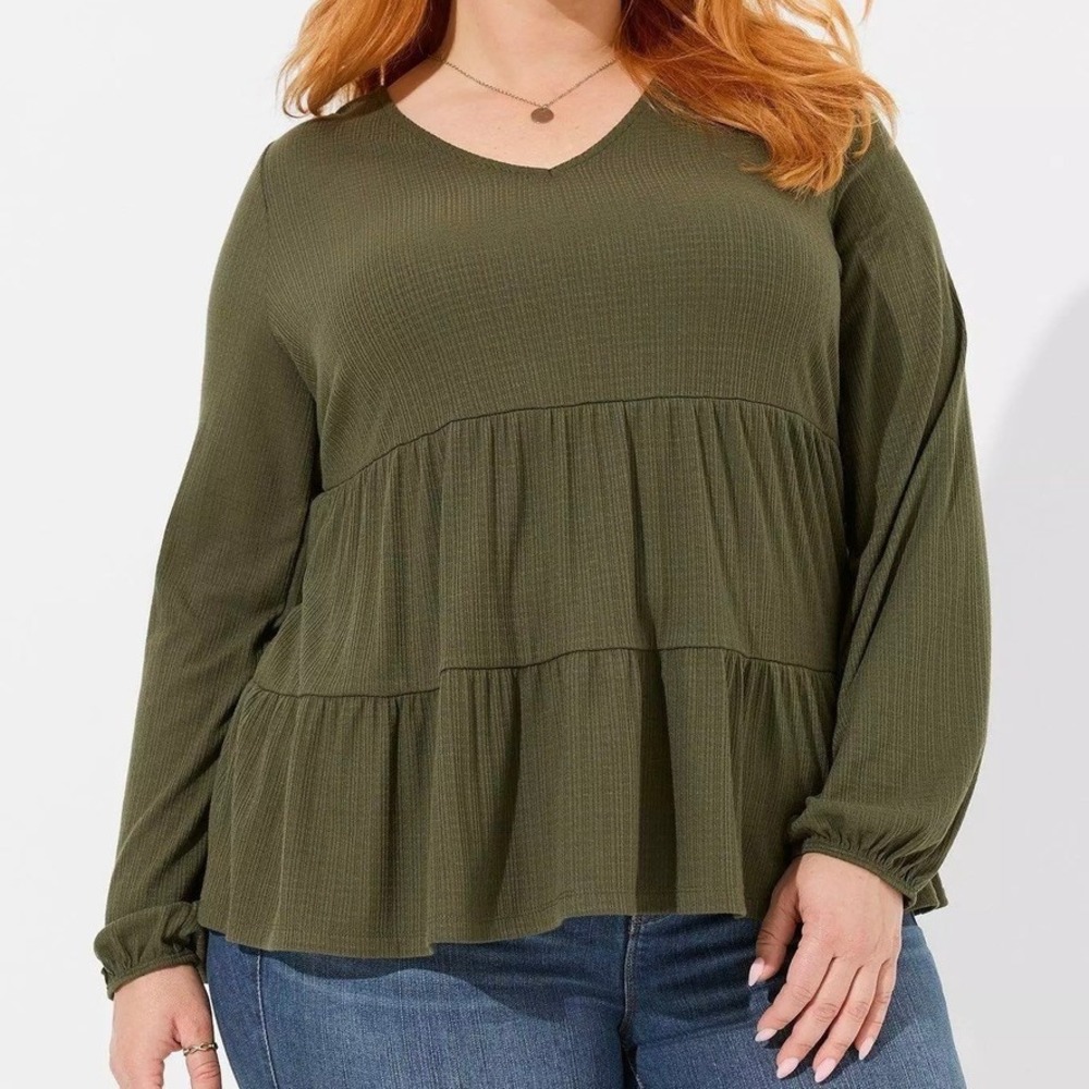 NWT TORRID Peasant Top‎ Women's 2X Green V-Neck Long Sleeve Babydoll